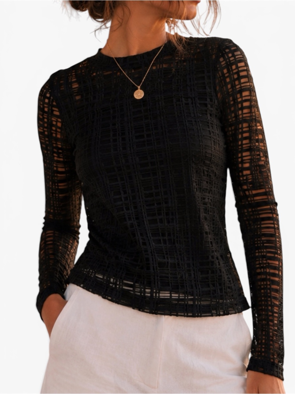 Johnny Was Jade Natalie Long Sleeve Geometric Mesh Top Black Medium